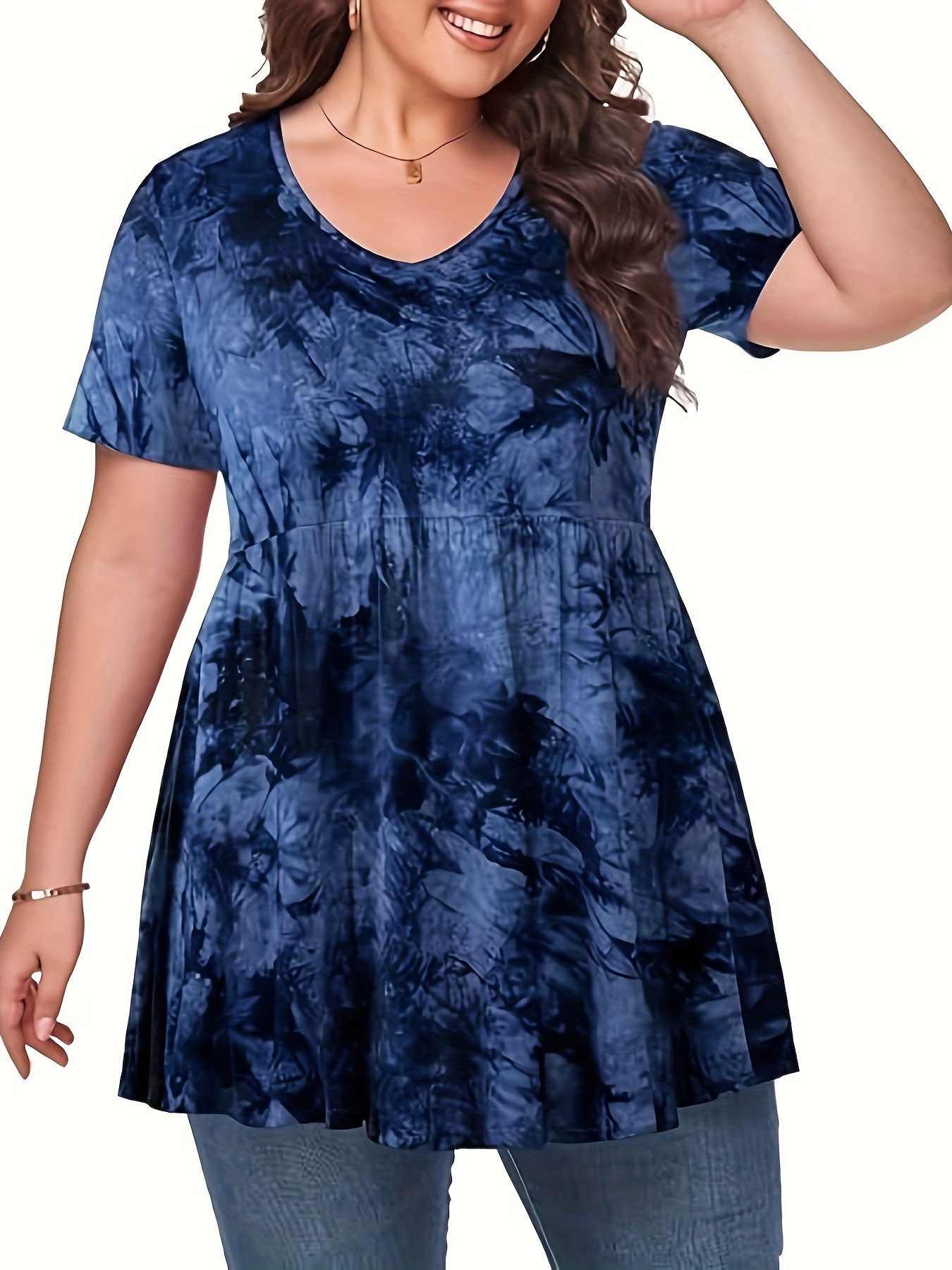 Plus Size Tie Dye Print T-Shirt, Casual V Neck Short Sleeve T-Shirt, Women s Plus Size Clothing details 1