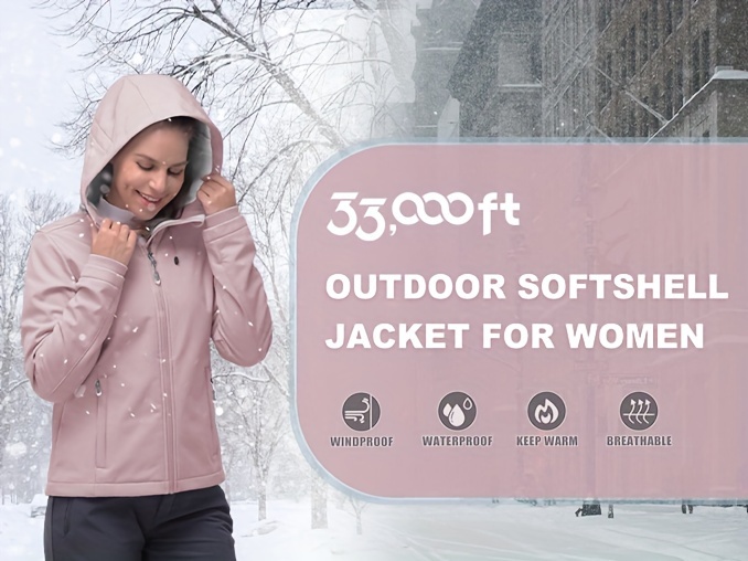 womens softshell jacket casual plush lined warm hooded coat outdoor hiking windbreaker with adjustable hood and drawcord hem for winter fall details 0