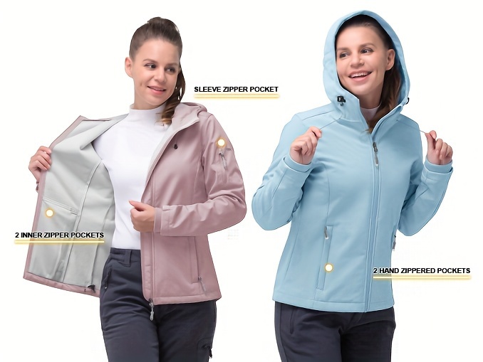 womens softshell jacket casual plush lined warm hooded coat outdoor hiking windbreaker with adjustable hood and drawcord hem for winter fall details 4