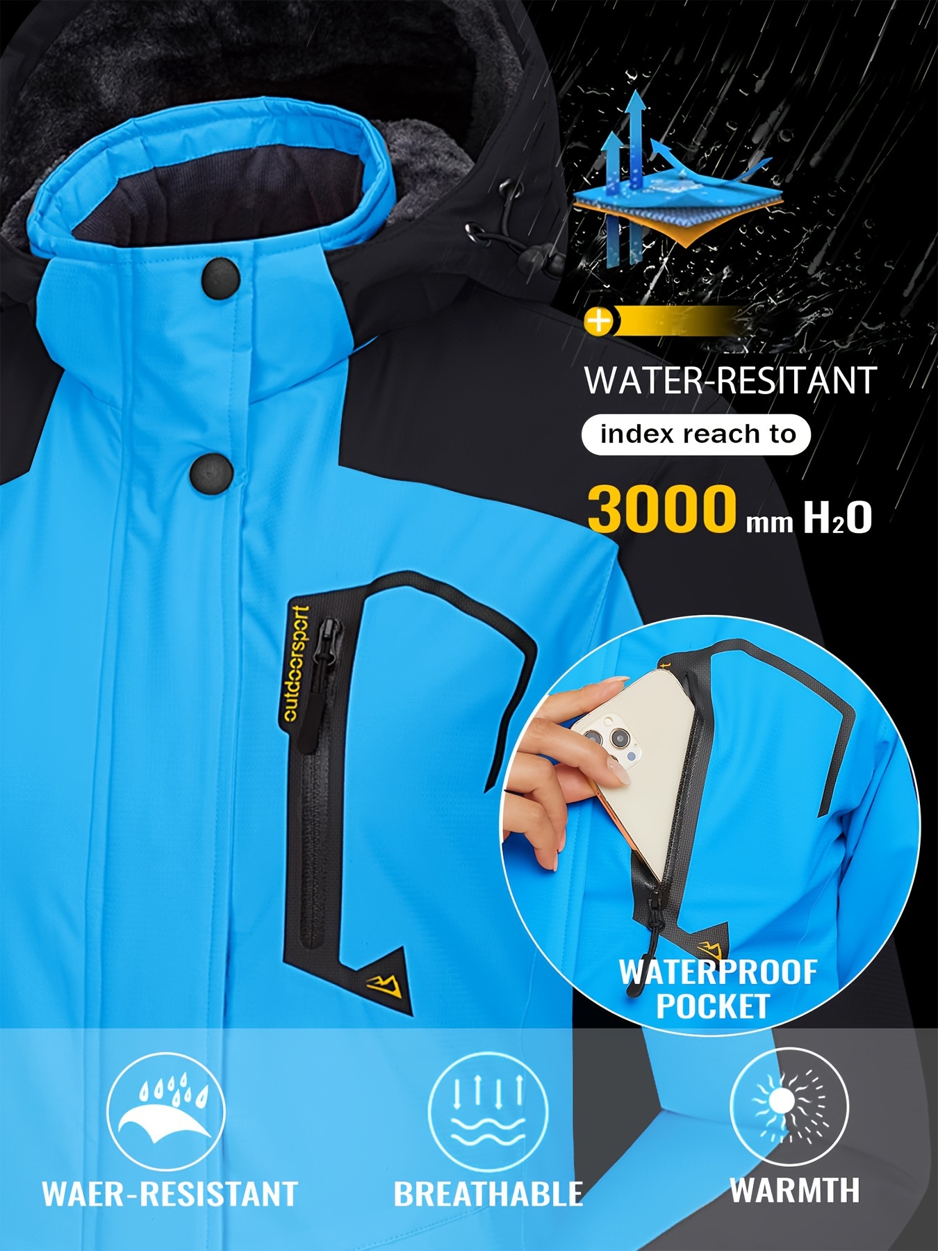 womens large size ski jacket winter waterproof jacket bright colors fleece warm comfortable coat hooded multiple pockets outdoor sports snowsports snowboarding hiking mountaineering camping daily casual size jacket details 6