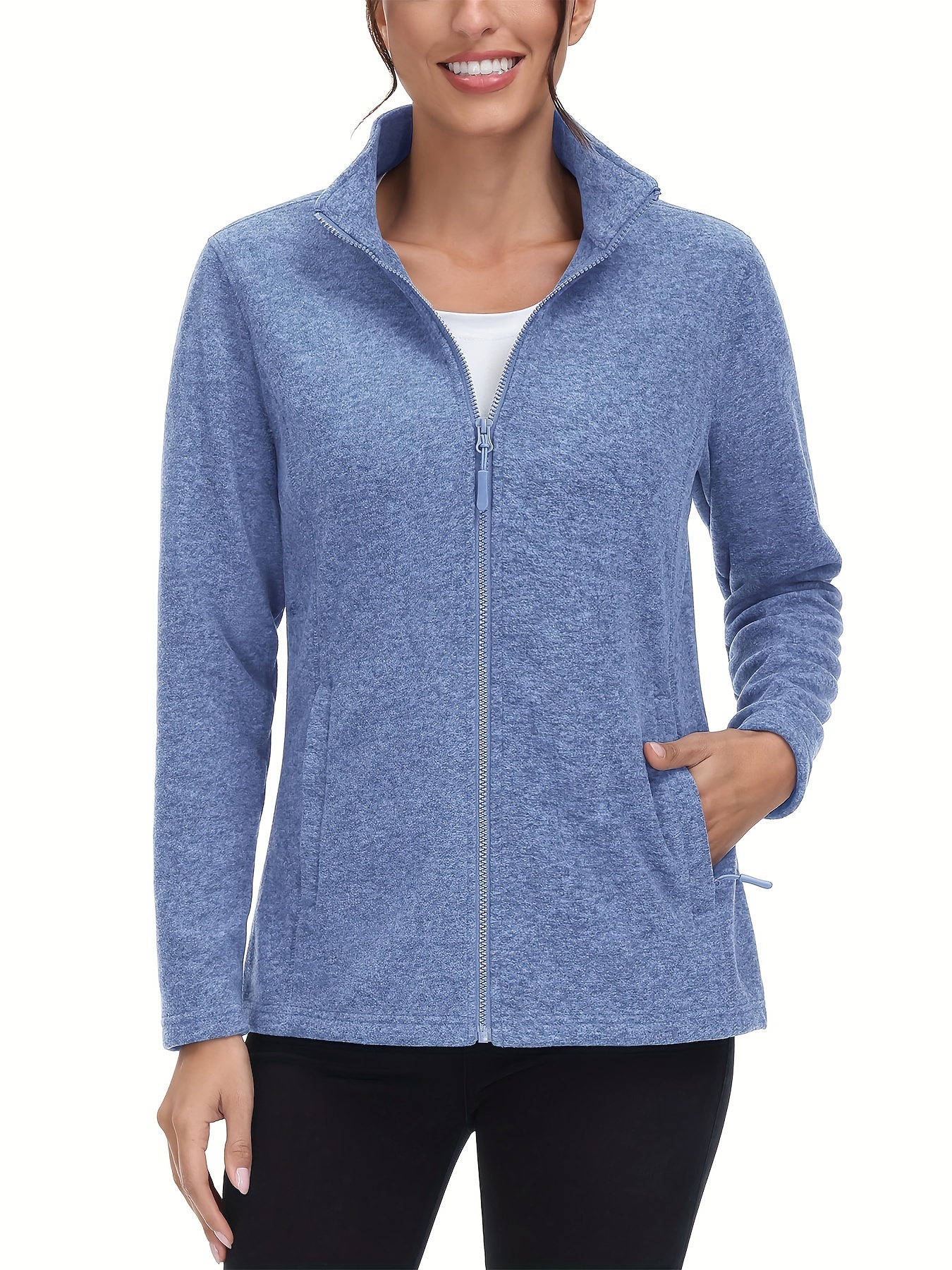 womens plus size fleece jacket full zip stand collar casual jacket autumn and winter warm coat lightweight jacket 2 zipper pockets wear office to school home outdoor activities large size fleece jacket details 2