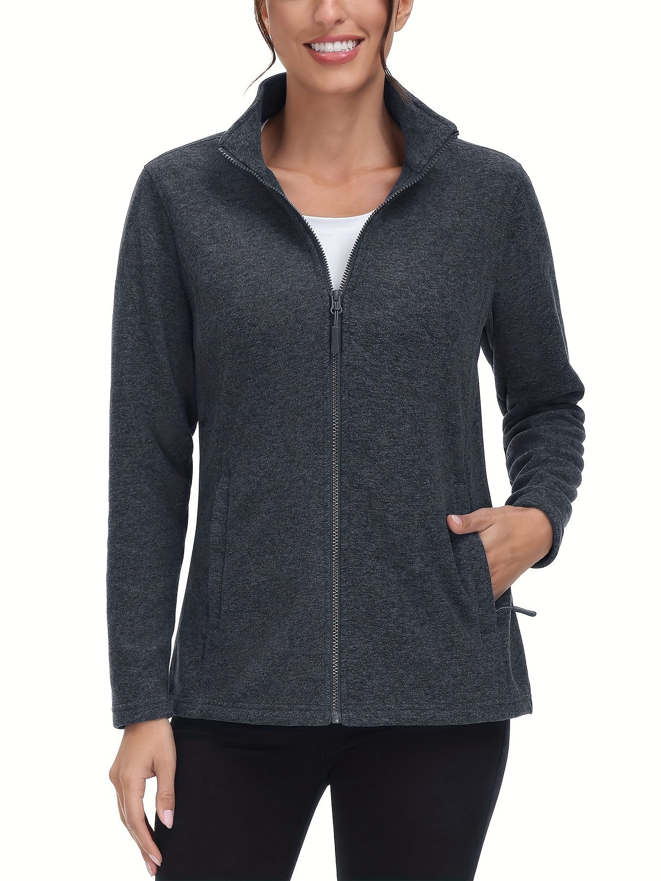 womens plus size fleece jacket full zip stand collar casual jacket autumn and winter warm coat lightweight jacket 2 zipper pockets wear office to school home outdoor activities large size fleece jacket details 3