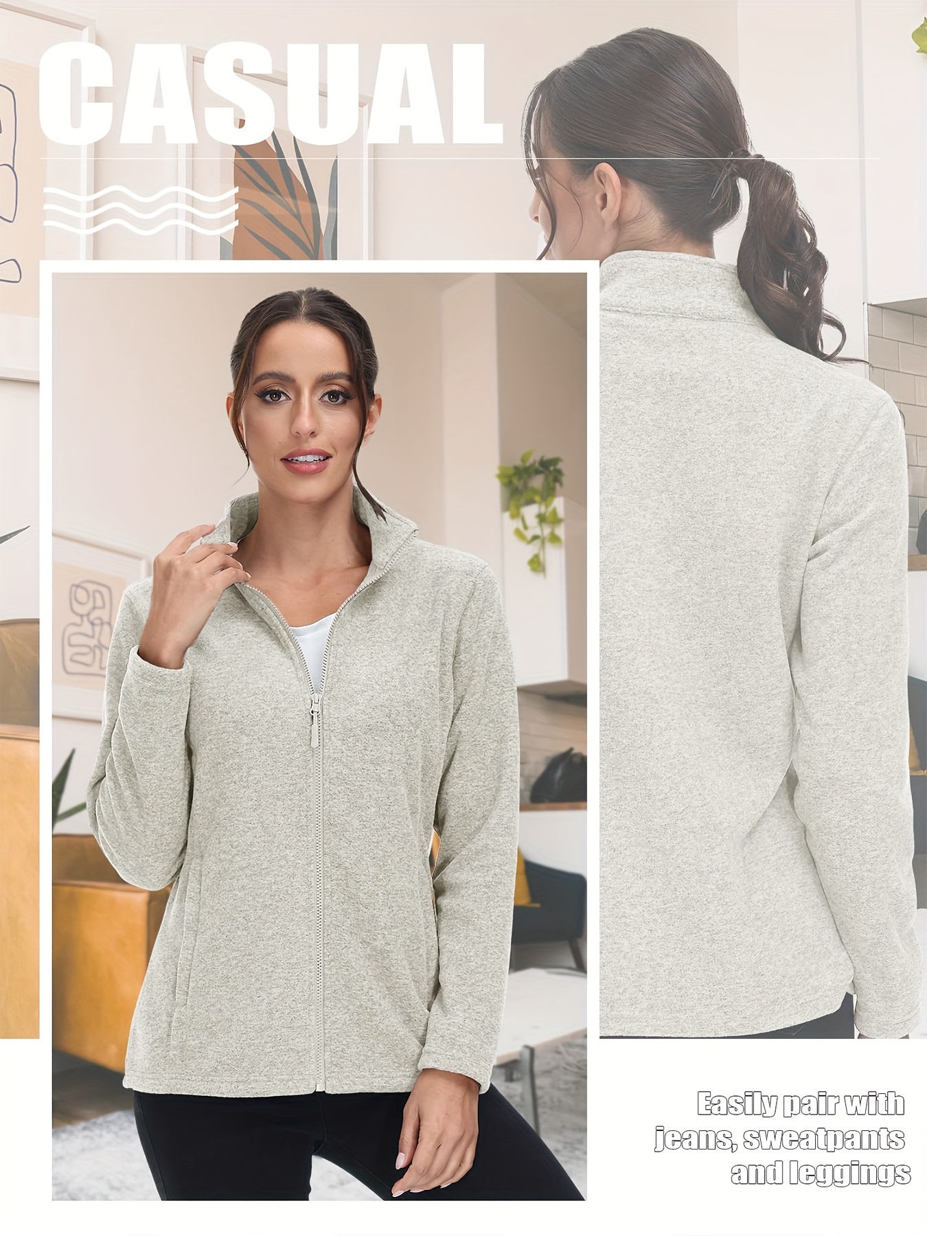 womens plus size fleece jacket full zip stand collar casual jacket autumn and winter warm coat lightweight jacket 2 zipper pockets wear office to school home outdoor activities large size fleece jacket details 8