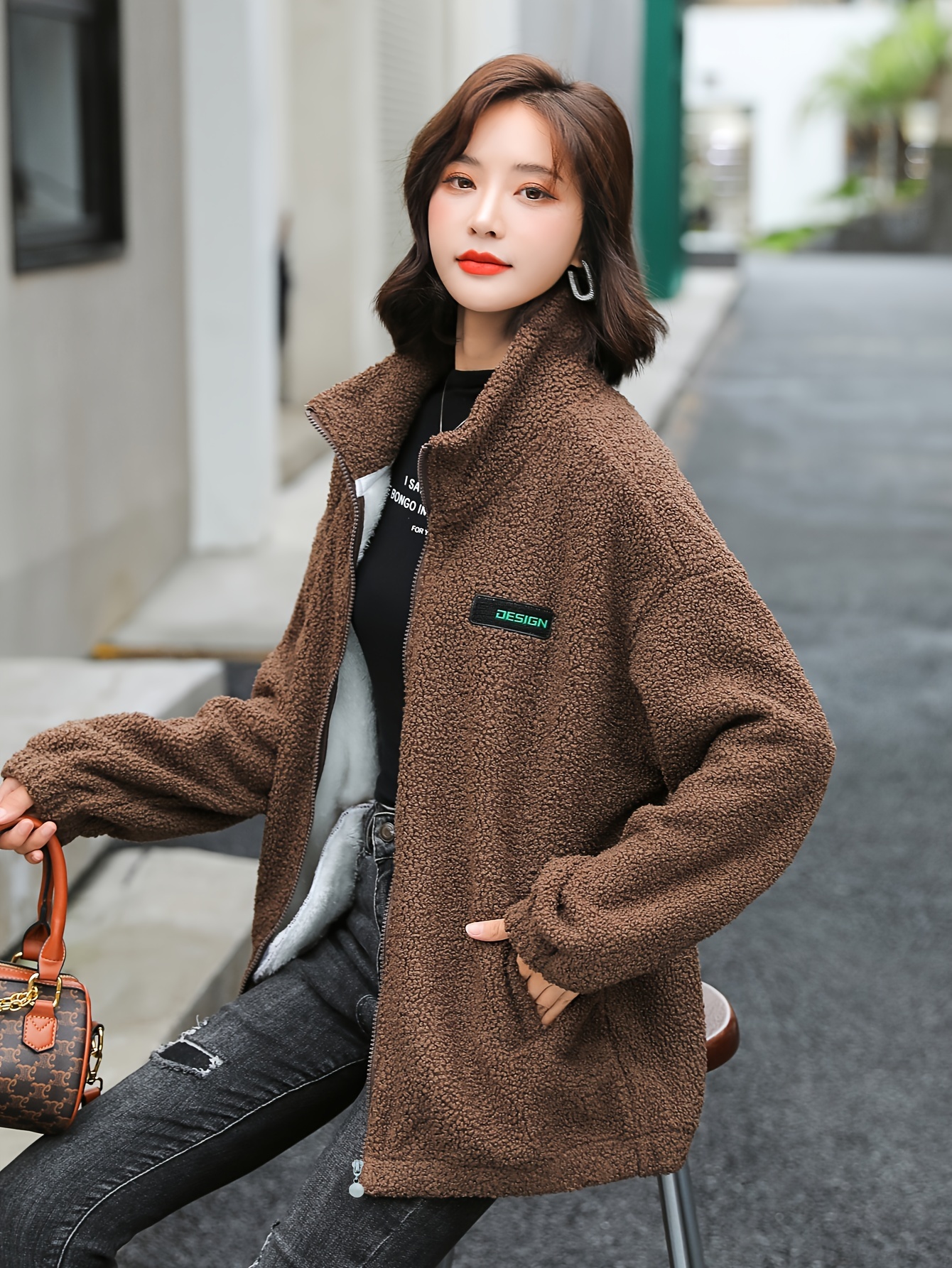 1pc cozy plus size womens casual sherpa jacket solid color polyester knit fabric with stretch stand collar long sleeve zip for details 6
