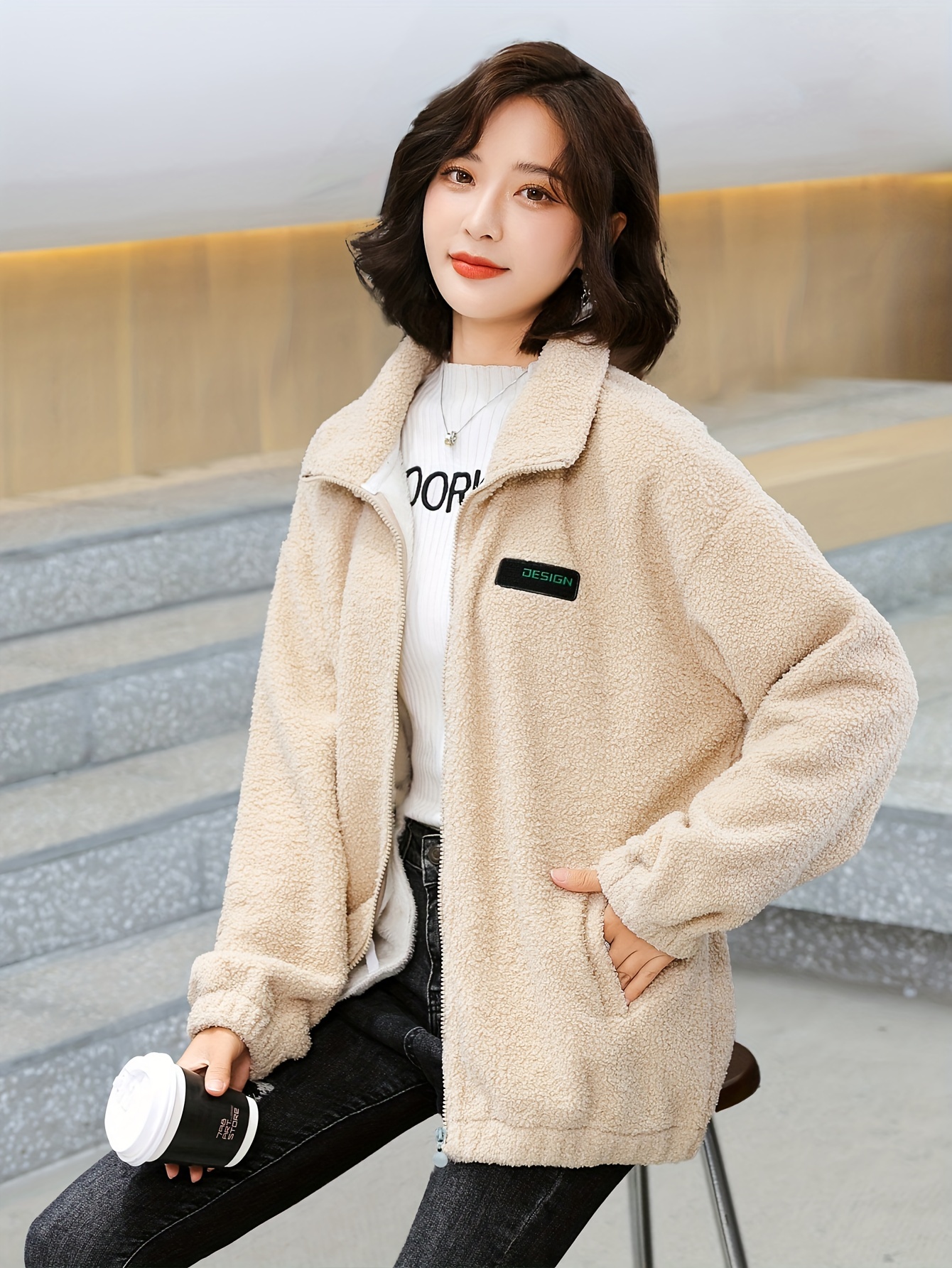 1pc cozy plus size womens casual sherpa jacket solid color polyester knit fabric with stretch stand collar long sleeve zip for details 12