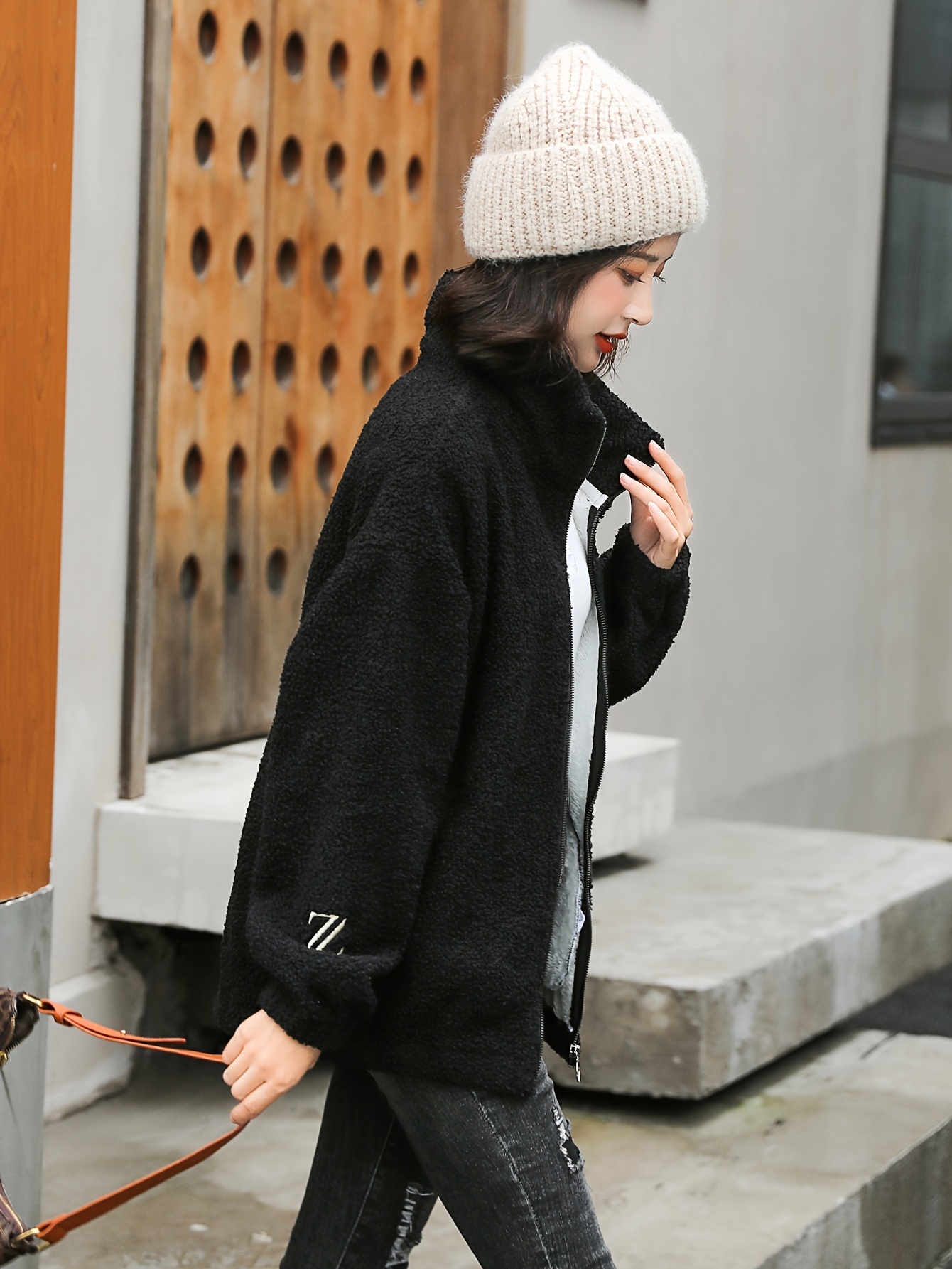 1pc cozy plus size womens casual sherpa jacket solid color polyester knit fabric with stretch stand collar long sleeve zip for details 16