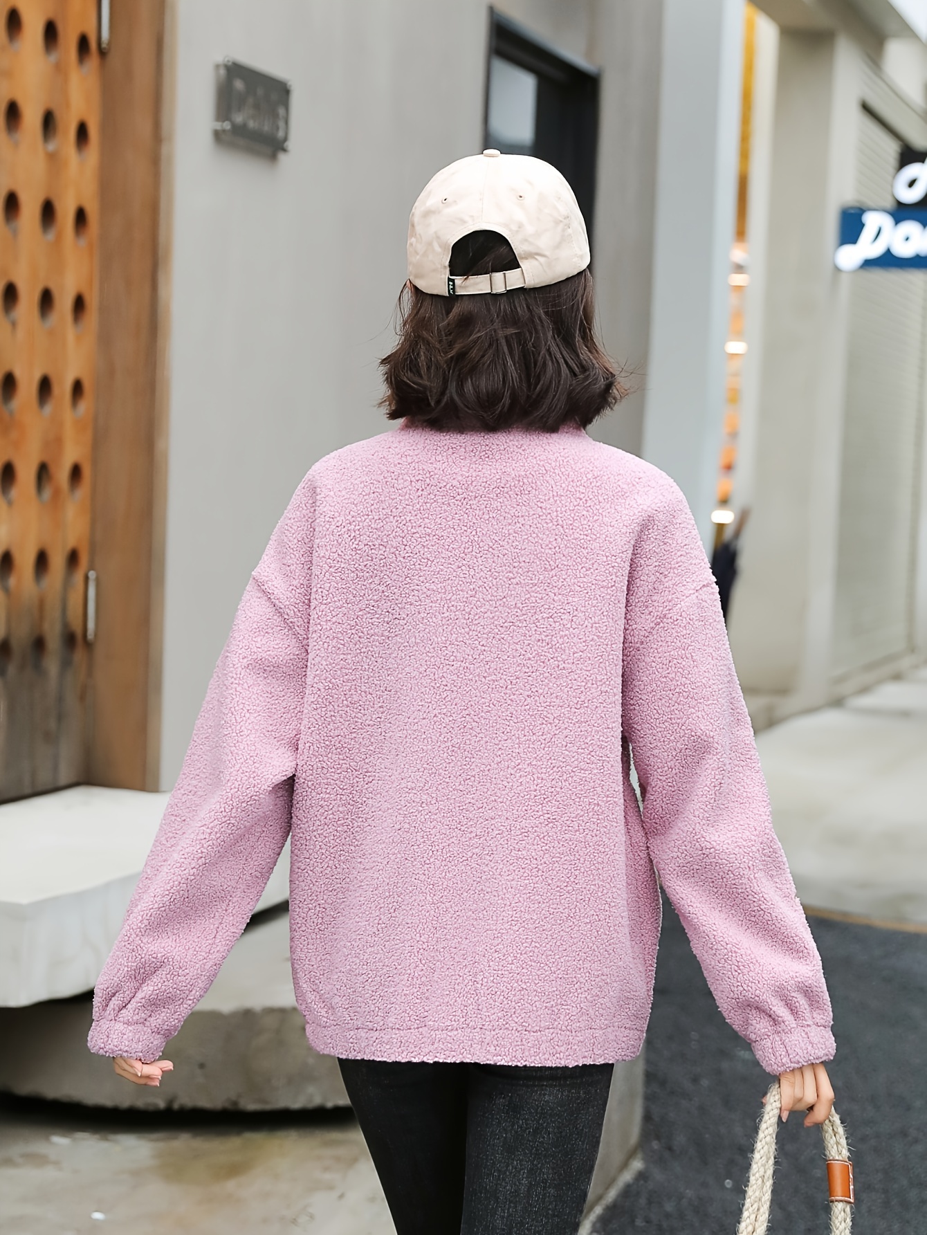 1pc cozy plus size womens casual sherpa jacket solid color polyester knit fabric with stretch stand collar long sleeve zip for details 22