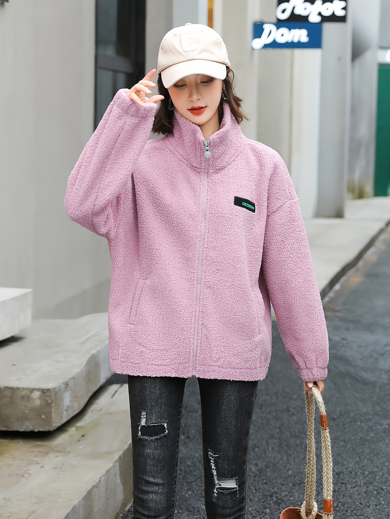 1pc cozy plus size womens casual sherpa jacket solid color polyester knit fabric with stretch stand collar long sleeve zip for details 23