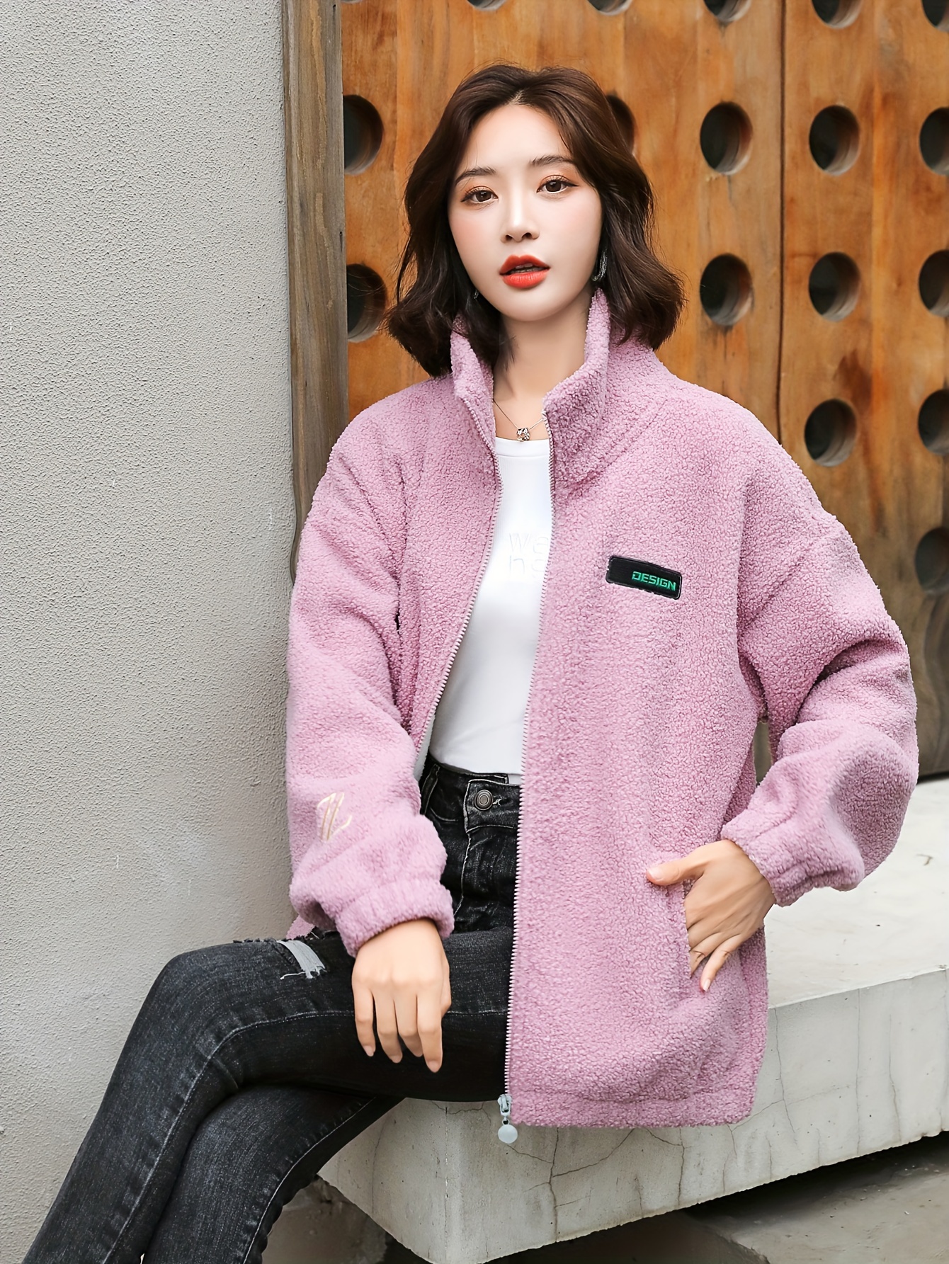 1pc cozy plus size womens casual sherpa jacket solid color polyester knit fabric with stretch stand collar long sleeve zip for details 26