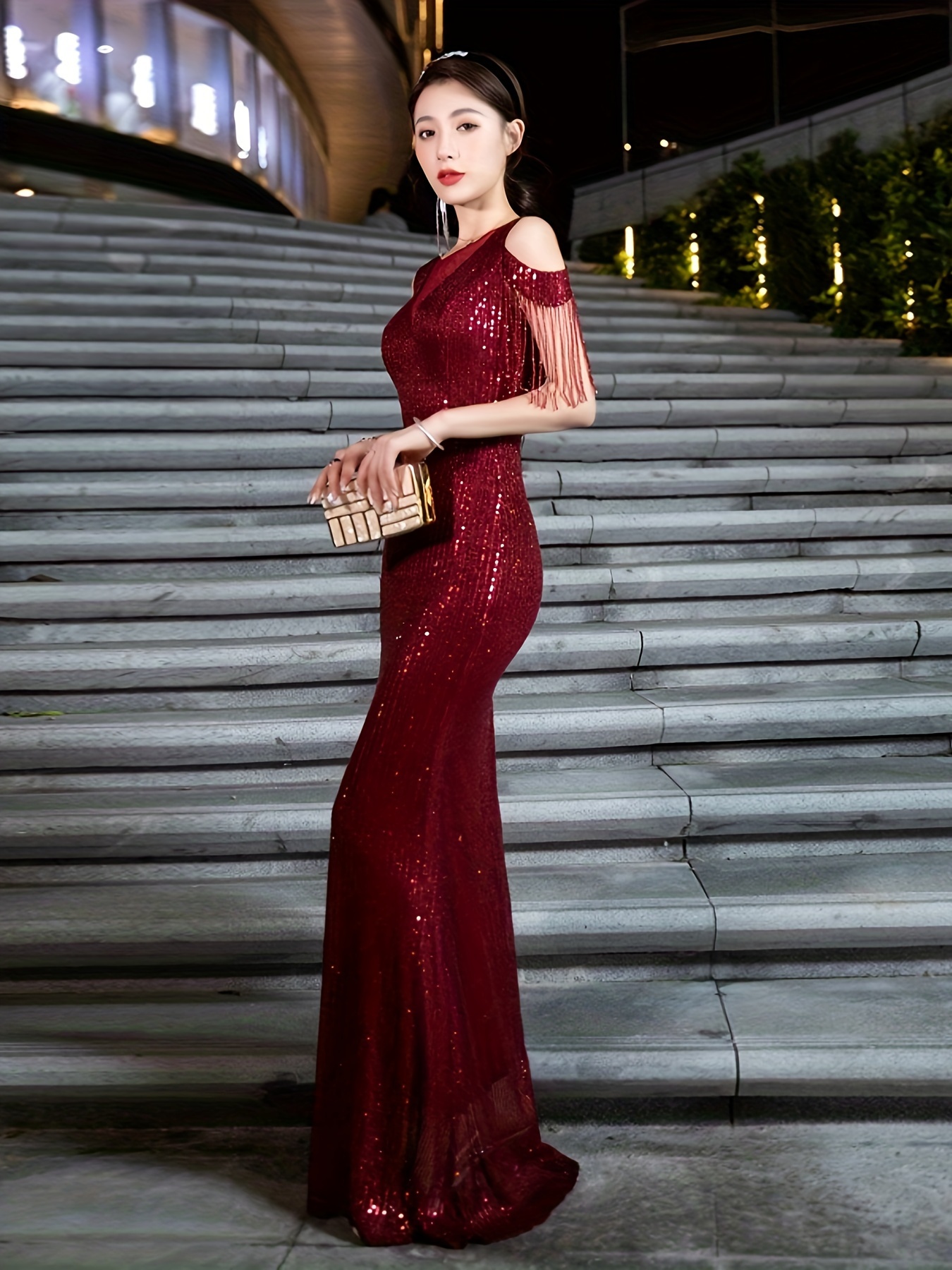 sequined hem mesh splicing dress elegant cold shoulder bodycon maxi dress for party banquet womens clothing details 13