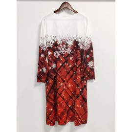 Plus Size Casual Dress, Women's Plus Snowflake & Plaid Print Long Sleeve Round Neck Dress With Pockets