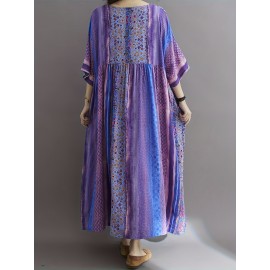 Plus Size Peplum Vacation Dress - Short Sleeve Crew Neck, Loose Fit, Cotton Blend, Patchwork Floral Print, Long Length, Pullover, Weekend Casual Wear for Summer