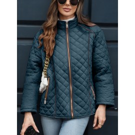 Women's Oversized Polyester Coat, Casual Hug Fit, Small Stand Collar, Long Sleeve, Zipper Closure, Autumn And Winter Warm Coat