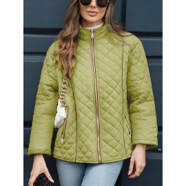 Women's Oversized Polyester Coat, Casual Hug Fit, Small Stand Collar, Long Sleeve, Zipper Closure, Autumn And Winter Warm Coat