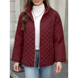 Women's Oversized Polyester Coat, Casual Hug Fit, Small Stand Collar, Long Sleeve, Zipper Closure, Autumn And Winter Warm Coat