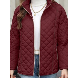 Women's Oversized Polyester Coat, Casual Hug Fit, Small Stand Collar, Long Sleeve, Zipper Closure, Autumn And Winter Warm Coat