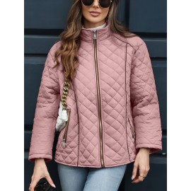 Women's Oversized Polyester Coat, Casual Hug Fit, Small Stand Collar, Long Sleeve, Zipper Closure, Autumn And Winter Warm Coat