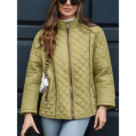 Women's Oversized Polyester Coat, Casual Hug Fit, Small Stand Collar, Long Sleeve, Zipper Closure, Autumn And Winter Warm Coat