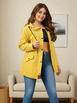 Chic Plus Size Hooded Windbreaker - Casual Solid Color, Drawstring Detail, Machine Washable - Perfect For Spring/Fall