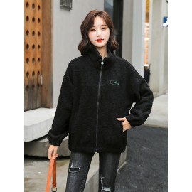 1pc Cozy Plus Size Women'S Casual Sherpa Jacket - Solid Color Polyester Knit Fabric with Slight Stretch, Stand Collar, Long Sleeve Zip-Up Top for Fall/Winter