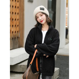 1pc Cozy Plus Size Women'S Casual Sherpa Jacket - Solid Color Polyester Knit Fabric with Slight Stretch, Stand Collar, Long Sleeve Zip-Up Top for Fall/Winter