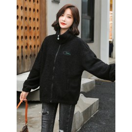1pc Cozy Plus Size Women'S Casual Sherpa Jacket - Solid Color Polyester Knit Fabric with Slight Stretch, Stand Collar, Long Sleeve Zip-Up Top for Fall/Winter