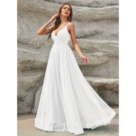 Elegant Sequined Mesh Big Swing Sleeveless Bridesmaid Dress, V-Neck Splicing Wedding Party Dress for Women