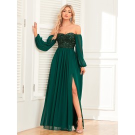 Women's Elegant Long-Sleeved Dress - Solid Color, Multi-Wear, One-Shoulder, High Slit, Tie, Fully Lined, Sequined Chiffon, Perfect for Wedding, Party, Cocktail Events
