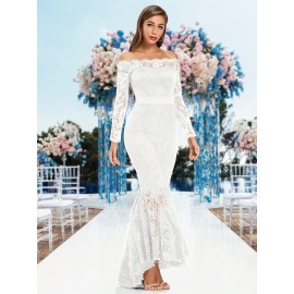 Elegant Off-Shoulder Lace Mermaid Dress for Women - Long Sleeve, Bodycon Fit with Fish Tail Hem, Perfect for Parties & Bridesmaids