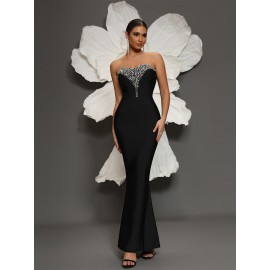 Shiny Sequin Slim Fit Formal Dress, Elegant Strapless Ankle Length Evening Dress For Party & Banquet, Women's Clothing