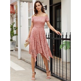 Women's Lace Cocktail Dress Hi-Lo Off Shoulder Bridesmaid Swing Formal Party Dress