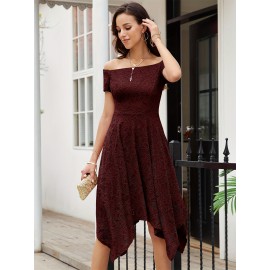 Women's Lace Cocktail Dress Hi-Lo Off Shoulder Bridesmaid Swing Formal Party Dress