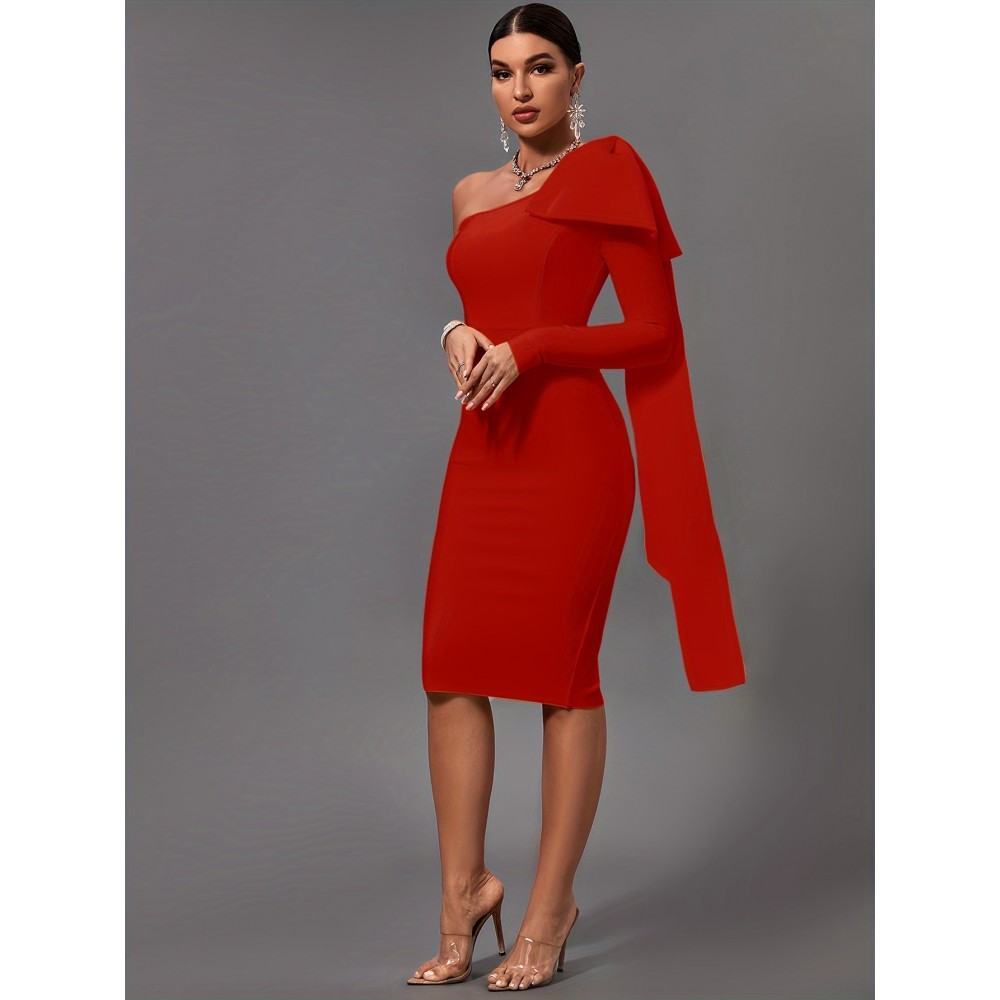 Women's Fashion Sexy Temperament Elegant Tight One Shoulder Long Sleeve Mid-Length Bandage Dress Party Cocktail Evening Dress