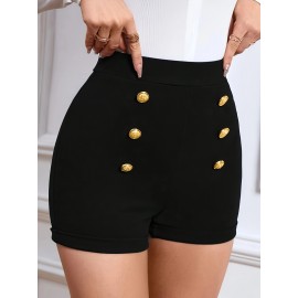 Solid Color High Waist Knitting Shorts, Casual Button Front Skinny Shorts For Every Day, Women's Clothing