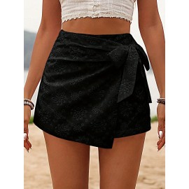 Womens Elegant High Waist Solid Color Eyelet Wrap Tie Skort - Lace Up, Micro Elastic Polyester Fabric, No Printing, Woven, Summer Vacation Style - Comfortable and Chic Short Skort for Women